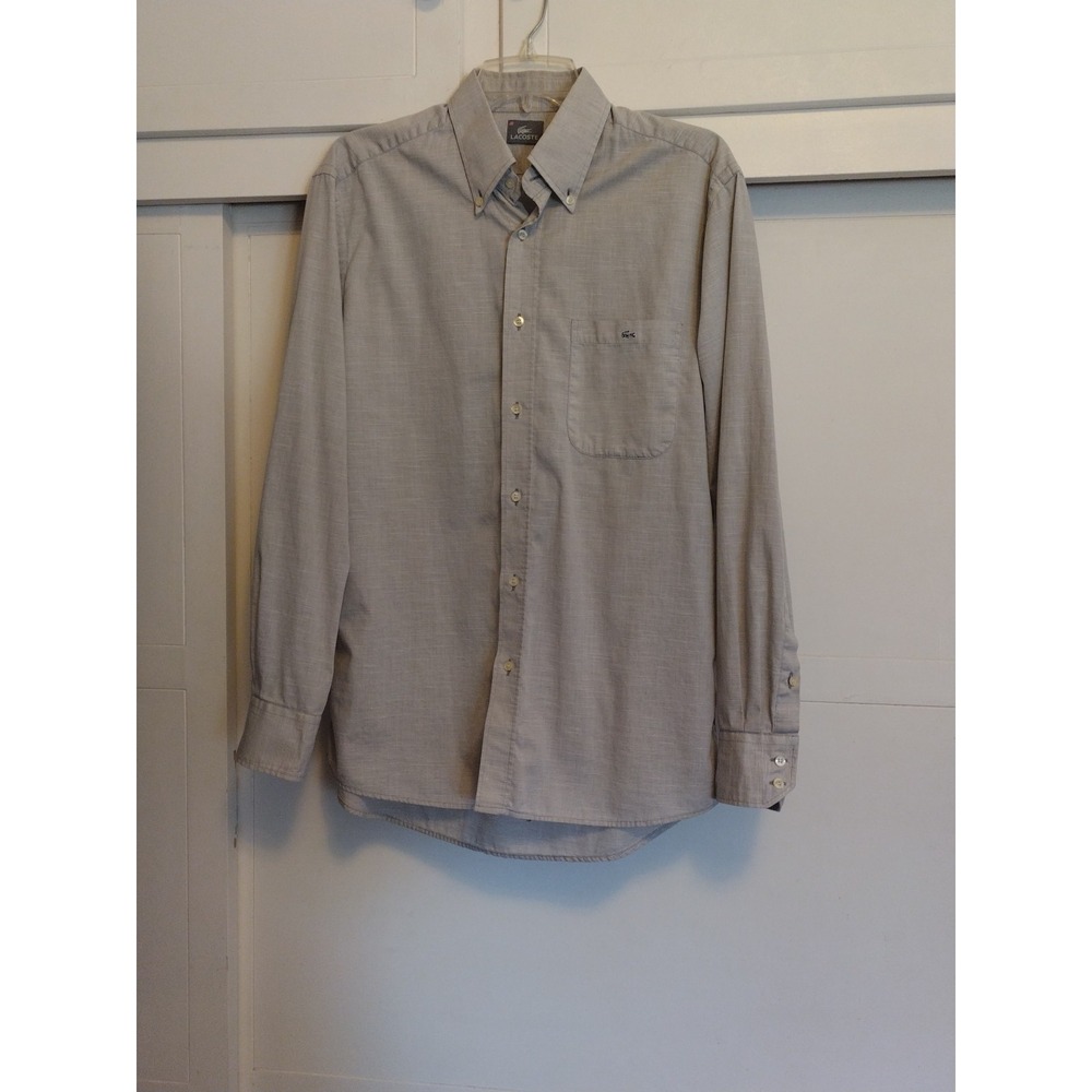 Lacoste Button Down Gray Dress Shirt Men Size 42/ L Regular Fit Micro Twill Logo